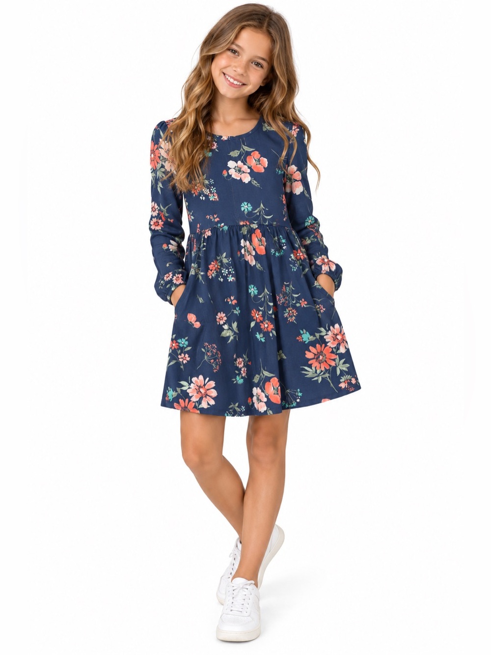 abercrombie kids Navy Floral Long-Sleeve Twirl Dress with Coral Accents
